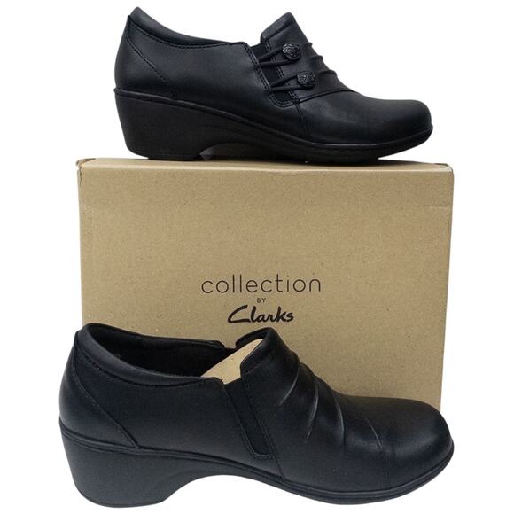 Clarks Channing Haley Slip On Black Leather Loafers Womens size 9 Low Wedge Heel - Picture 2 of 7